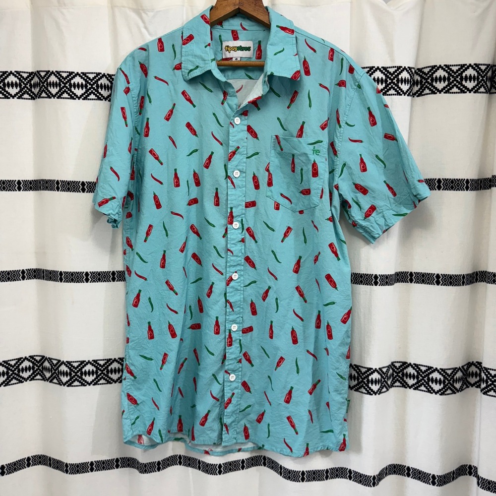 Tipsy Elves Aqua Button-Down Shirt with Red Bottle Print